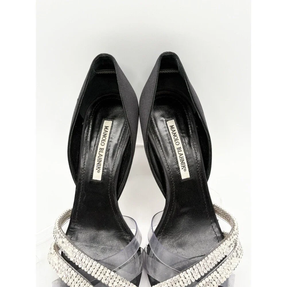 Manolo Blahnik Black Satin & Rhinestone Cross Strap Heels Size EU 38.5